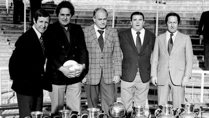 Raymond Kopa, Jose Hector Rial, Alfredo Di Stefano, Ferenc Puskas and Paco Gento in 1977.